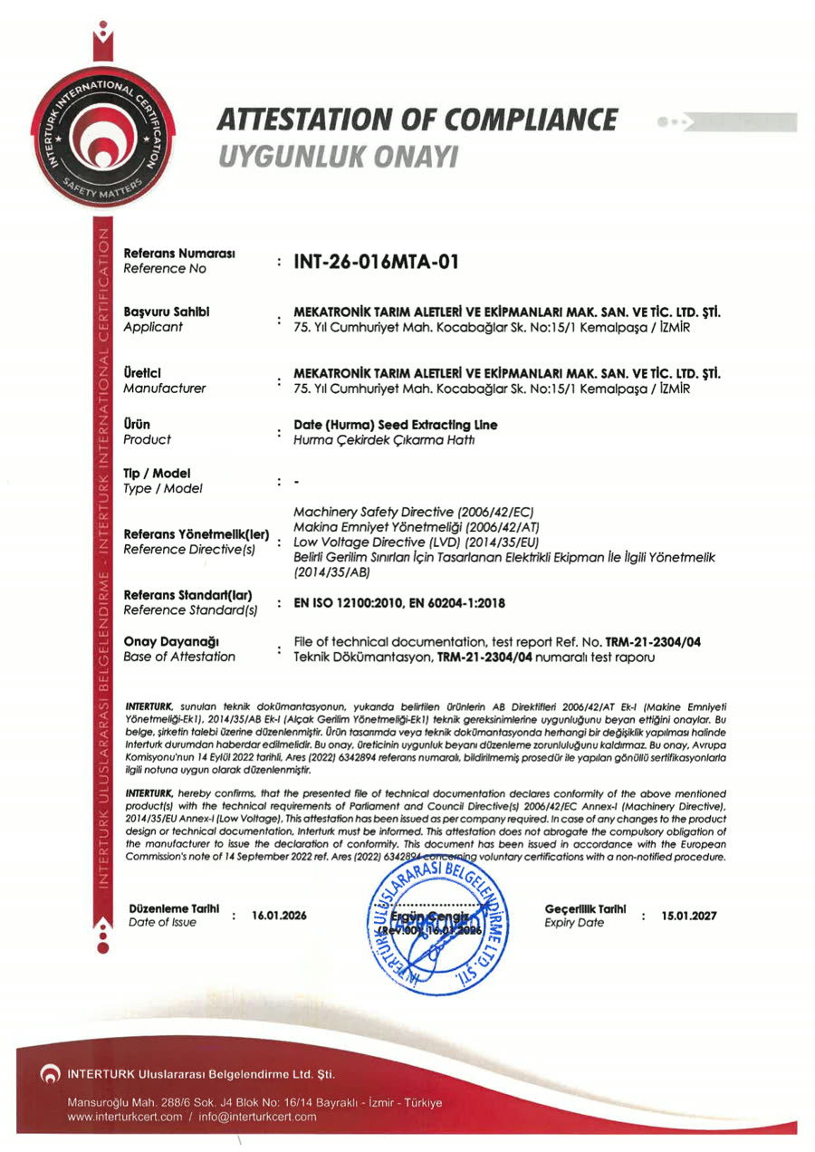 Copia escaneada del certificado Línea de deshuesado de dátiles